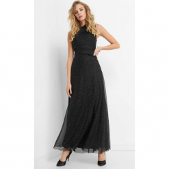 Błyszcząca sukienka maxi. Czarne długie sukienki Orsay, na imprezę, w jednolite wzory, z dzianiny, eleganckie, ze stójką, dopasowane. Za 199,99 zł.