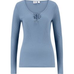 Shirt bawełniany w prążek, ze sznurowaniem bonprix matowy niebieski. Niebieskie koszulki damskie bonprix, bez wzorów, z bawełny, bez kołnierzyka, bez rękawów. Za 37,99 zł.