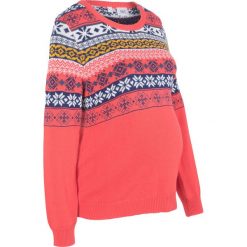 Sweter ciążowy bonprix koralowy wzorzysty. Pomarańczowe swetry damskie marki bonprix, bez wzorów, bez rękawów, bez kaptura. Za 37,99 zł.