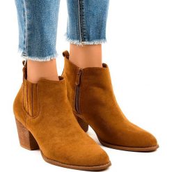 Brązowe Camel zamszowe botki na słupku SA-3338. Pomarańczowe botki damskie ButyModne, na wiosnę, z tkaniny, eleganckie, na wysokim obcasie, na obcasie, na zamek. W wyprzedaży za 149,00 zł.