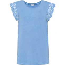 Shirt z koronką bonprix niebieski. Niebieskie koszulki damskie bonprix, w koronkowe wzory, z koronki, bez kołnierzyka. Za 42,99 zł.
