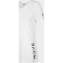 T-shirt damski TSD005 - biały. Białe koszulki damskie 4f, bez wzorów, z materiału, bez kołnierzyka, bez rękawów. W wyprzedaży za 44,99 zł.