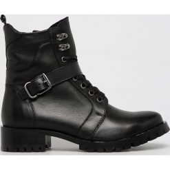 Wojas - Workery skórzane. Czarne workery damskie Wojas, ze skóry, z okrągłym noskiem, bez obcasa, na obcasie, na sznurówki. Za 399,90 zł.