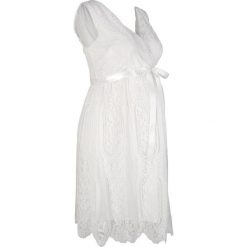 Sukienka ciążowa wieczorowa/ślubna bonprix biel wełny. Białe sukienki damskie bonprix, w paski, z wełny, eleganckie, bez kołnierzyka, moda ciążowa, bez rękawów. Za 269,99 zł.
