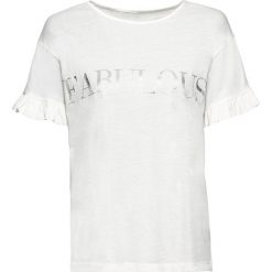 Shirt z nadrukiem bonprix biel wełny. Białe bluzki damskie bonprix, z nadrukiem, z wełny, z okrągłym kołnierzem, z krótkim rękawem. Za 24,99 zł.