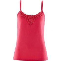 Top bonprix różowy hibiskus. Różowe bluzki damskie bonprix, w koronkowe wzory, z koronki, bez kołnierzyka, bez rękawów. Za 39,99 zł.