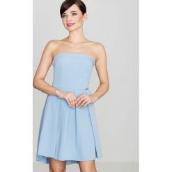 Elegancka Niebieska Gorsetowa Sukienka z Dłuższym Tyłem. Niebieskie sukienki damskie Molly.pl, na wesele, s, bez wzorów, eleganckie, bez kołnierzyka, bez rękawów, rozkloszowane. Za 149,90 zł.