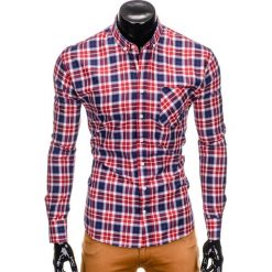 KOSZULA MĘSKA W KRATĘ Z DŁUGIM RĘKAWEM K393 - CZERWONA. Czerwone koszule męskie Ombre Clothing, s, bez wzorów, eleganckie, bez kołnierzyka, z długim rękawem. Za 49,00 zł.