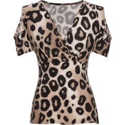 Shirt z nadrukiem z połyskiem bonprix beżowy leo. Brązowe koszulki damskie bonprix, z nadrukiem, z dekoltem w serek, bez rękawów. Za 99,99 zł.