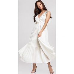 Biała Sukienka Pogoer. Brązowe sukienki damskie Renee, s, bez wzorów, eleganckie, z dekoltem na plecach, bez rękawów, midi. Za 159,99 zł.