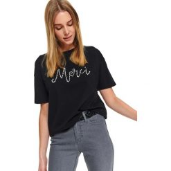 T-shirt zdobiony perłami. Czarne t-shirty damskie z aplikacjami, z bawełny. W wyprzedaży za 29,99 zł.