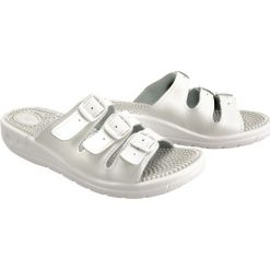 SANITAL FLEX KF-03 biały, klapki, fakirki damskie. Białe klapki damskie Sanital-Flex, w paski, bez obcasa. Za 66,90 zł.