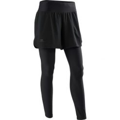 Legginsy/szorty 2 w 1 do biegania RUN DRY+ damskie. Czarne legginsy sportowe damskie KALENJI, xs, bez wzorów, z elastanu, do biegania. Za 79,99 zł.