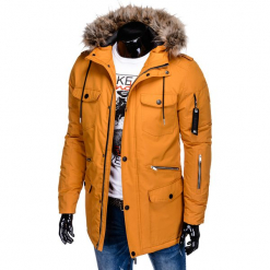 KURTKA MĘSKA ZIMOWA C382 - MUSZTARDOWA. Brązowe kurtki męskie bomber Ombre Clothing, na zimę, m. Za 189,00 zł.