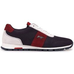 Skórzane sneakersy w kolorze bordowo-granatowo-białym. Czerwone trampki męskie Eva Lopez, Maria Barcelo, bez wzorów, ze skóry, na sznurówki. W wyprzedaży za 319,95 zł.