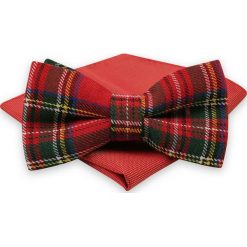Czerwona Mucha Męska -ALTIES- z Poszetką, w Szkocką Kratkę, Tartan MUALTS0605. Czerwone muszki męskie Alties, na imprezę, w paski, eleganckie. Za 40,00 zł.