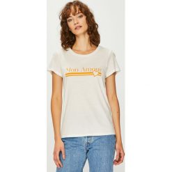 Vero Moda - Top. Białe bluzki damskie marki Vero Moda, s, z nadrukiem, z bawełny, casualowe, z okrągłym kołnierzem, z krótkim rękawem. W wyprzedaży za 39,90 zł.