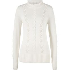 Sweter dzianinowy w strukturalny wzór bonprix biel wełny. Białe swetry damskie bonprix, bez wzorów, z wełny, bez rękawów, bez kaptura. Za 74,99 zł.