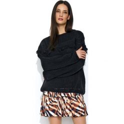 Czarny Oversizowy Sweter z Ażurowym Rękawem. Czarne swetry damskie Molly.pl, uniwersalny, z aplikacjami, bez rękawów, długie, bez kaptura. Za 129,90 zł.