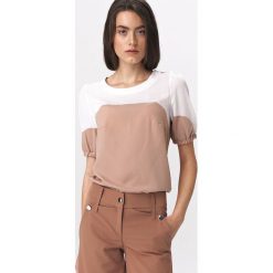 Dwukolorowa bluzka z bufiastym rękawem. Bluzki damskie NIFE, xl, bez wzorów, z elastanu, klasyczne, z klasycznym kołnierzykiem, bez rękawów. Za 159,00 zł.