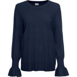 Sweter z dzianiny o gładkim splocie drobnych oczek bonprix ciemnoniebieski. Niebieskie swetry damskie bonprix, bez wzorów, z dzianiny, bez rękawów, bez kaptura. Za 37,99 zł.