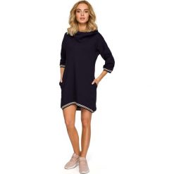 Granatowa Dzianinowa Asymetryczna Sukienko-Bluza z Kapturem. Niebieskie bluzy damskie Molly.pl, s, bez wzorów, z bawełny, bez rękawów, z kapturem. Za 154,90 zł.