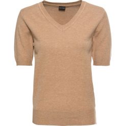 Sweter z dekoltem w serek, krótki rękaw bonprix kremowo-beżowy. Brązowe swetry damskie bonprix, bez wzorów, eleganckie, z krótkim rękawem, krótkie, bez kaptura. Za 69,99 zł.