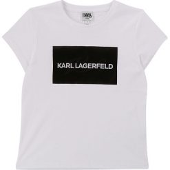 Karl Lagerfeld - T-shirt dziecięcy 114-150 cm. Żółte bluzki dziewczęce KARL LAGERFELD, z nadrukiem, z dzianiny, z okrągłym kołnierzem, z krótkim rękawem, krótkie, bez kaptura. W wyprzedaży za 159,90 zł.