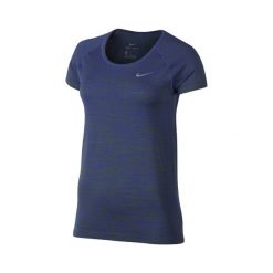 Nike W NK DF KNIT TOP SS, 10 | URUCHOMIENIE | KOBIETY | TOP Z KRÓTKIM RĘKAWEM | PALM ZIELONY / PARAMOUNT NIEBIESKI | Z. Niebieskie topy damskie Nike, bez wzorów, z dzianiny, z krótkim rękawem, do biegania. W wyprzedaży za 214,22 zł.