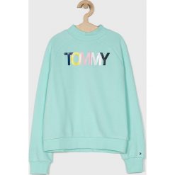 Tommy Hilfiger - Bluza dziecięca 140-176 cm. Niebieskie bluzy dziewczęce TOMMY HILFIGER, z nadrukiem, z elastanu, bez rękawów, bez kaptura. W wyprzedaży za 179,90 zł.