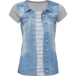 Shirt bonprix niebiesko-szary z nadrukiem. Niebieskie koszulki damskie bonprix, z nadrukiem, bez kołnierzyka, bez rękawów. Za 54,99 zł.