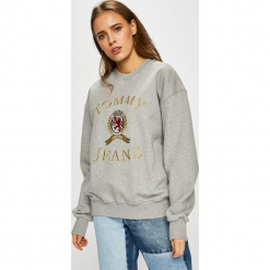 Tommy Jeans - Bluza. Szare bluzy rozpinane damskie Tommy Jeans, l, z aplikacjami, z bawełny, bez kaptura. Za 579,90 zł.