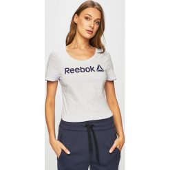 Reebok - Top. Fioletowe topy damskie Reebok, s, z nadrukiem, z bawełny, z okrągłym kołnierzem. W wyprzedaży za 59,90 zł.