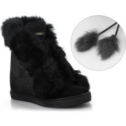 BOTKI SNEAKERSY NA KOTURNIE Z MISIEM CZARNE SKÓRA ZAMSZ. Czarne koturny damskie CALZADO, bez obcasa, na koturnie, bez zapięcia. W wyprzedaży za 299,99 zł.