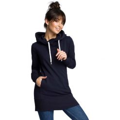 Granatowa Długa Bluza-Tunika ze Ściąganym Kapturem. Niebieskie bluzy sportowe damskie marki Molly.pl, na imprezę, s, z dzianiny, sportowe, z kapturem, z długim rękawem. Za 155,90 zł.