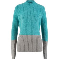 Sweter ze stójką bonprix zieleń morska - jasnoszary melanż. Zielone swetry damskie bonprix, bez wzorów, bez rękawów, bez kaptura. Za 54,99 zł.