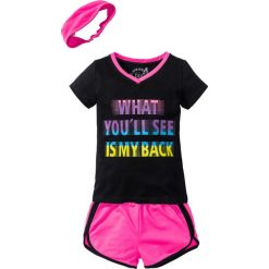 Spodenki dziewczęce: Shirt + szorty + bandana (3 części) bonprix czarno-różowy neonowy