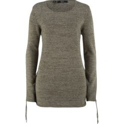 Sweter melanżowy z ozdobnym marszczeniem bonprix ciemnooliwkowy melanż. Zielone swetry klasyczne damskie bonprix. Za 59,99 zł.