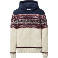 Sweter chłopięcy dzianinowy z kapturem bonprix naturalny melanż - ciemnoniebieski. Brązowe swetry chłopięce bonprix, bez wzorów, z dzianiny, z kapturem. Za 64,99 zł.