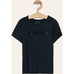 Roxy - T-shirt dziecięcy 116-176 cm. Białe bluzki dziewczęce Roxy, z aplikacjami, z bawełny, z okrągłym kołnierzem, z krótkim rękawem, krótkie, bez kaptura. W wyprzedaży za 49,90 zł.