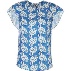 Elegancka Wizytowa Bluzka z Falbankami w Kwiaty. Niebieskie bluzki damskie marki Molly.pl, s, w kwiaty, eleganckie, z okrągłym kołnierzem, bez rękawów. Za 121,90 zł.
