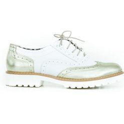 Dwukolorowe oksfordki - skóra naturalna - model 258 - kolor biało-platynowy. Szare półbuty damskie Zapato, bez wzorów, ze skóry, bez obcasa, bez zapięcia. W wyprzedaży za 173,40 zł.