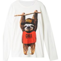 Shirt chłopięcy z długim rękawem i zabawnym motywem zwierzątka bonprix biel wełny z nadrukiem. Białe t-shirty chłopięce bonprix, z nadrukiem, z wełny, z długim rękawem. Za 34,99 zł.