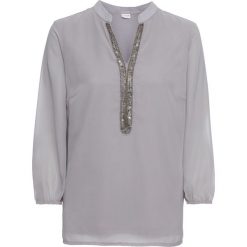 Bluzka szyfonowa bonprix szary. Szare bluzki z odkrytymi ramionami marki bonprix, z aplikacjami, z szyfonu, z dekoltem w serek. Za 109,99 zł.