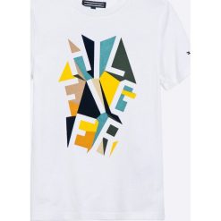 Tommy Hilfiger - T-shirt dziecięcy 122-176 cm. Szare t-shirty męskie marki TOMMY HILFIGER, z nadrukiem, z bawełny, z okrągłym kołnierzem. W wyprzedaży za 129,90 zł.