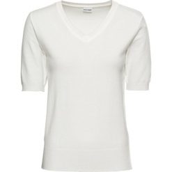 Sweter z dekoltem w serek, krótki rękaw bonprix biel wełny. Białe swetry damskie bonprix, bez wzorów, z wełny, eleganckie, z krótkim rękawem, krótkie, bez kaptura. Za 74,99 zł.
