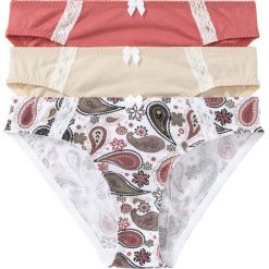 Figi (3 pary) bonprix z nadrukiem + beżowy + rabarbarowy. Białe majtki damskie bonprix, z bawełny. Za 59,97 zł.