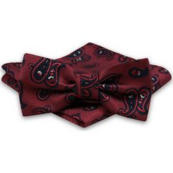Bordowo-Granatowa Mucha Męska -ALTIES- z Taką Samą Poszetką, Wzór Paisley, Łezki MUALTS0633. Czerwone muszki męskie Alties, na imprezę, w paski, eleganckie. Za 40,00 zł.