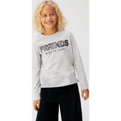 Mango Kids - Longsleeve dziecięcy Friendly 110-164 cm. Szare bluzki dziewczęce Mango Kids, z aplikacjami, z bawełny, z okrągłym kołnierzem, z długim rękawem, długie, bez kaptura. Za 45,90 zł.