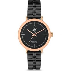 Zegarek kwarcowy w kolorze czarno-różowozłotym. Różowe, analogowe zegarki damskie Beverly Hills Polo Club, metalowe. W wyprzedaży za 259,95 zł.